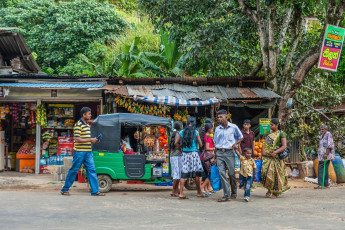 An den vielen Obstständen und Geschäften entlang der Hauptstraße in einem kleinen Dorf in Sri Lanka kaufen die Menschen frische Produkte ein © panoglobe