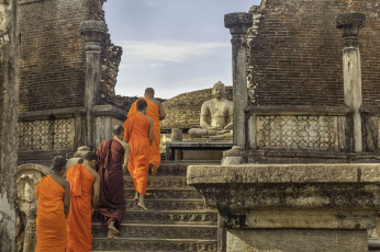 Buddhistische Mönche in ihren typischen safranfarbenen Gewändern am historischen Vatadage in Polonnaruwa. Das Bauwerk wurde vermutlich im 12. Jahrhundert errichtet, um die Gabenschale des Buddha zu beherbergen © Cortyn