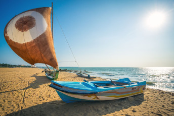 Ein traditionelles Fischerboot mit gesetztem Segel am Strand von Negombo. Das kleine Fischerdorf hat einen der größten Freiluft-Fischmärkte Sri Lankas © Klemen K. Misic