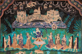 Eine der wunderschönen Wandmalereien, die die Mauern des Bundi-Palastes in Rajasthan, Indien, schmücken. Chitrashala besteht aus einem Pavillon mit einer faszinierenden Galerie von kleinen Fresken, die in leuchtenden Farben gefertigt wurden - Foto von Don Mammoser