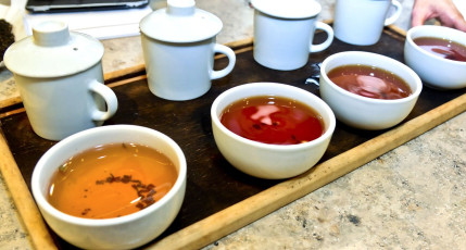 Bei einer Teeverkostung werden Kräutertees in verschiedenen Farben und Geschmacksrichtungen angeboten. Im Jahr 1969 wurde im indischen Bundesstaat Sikkim der erste Teegarten angelegt. Seitdem hat sich die Branche stark entwickelt © Alena2909