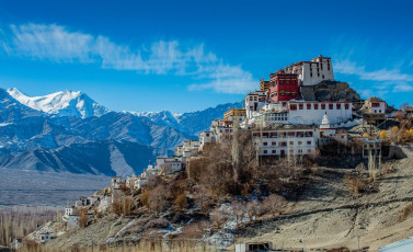 Thiksey Gompa ist ein tibetisch-buddhistisches Kloster und liegt auf einer Bergkuppe im Indus-Tal in der Nähe von Leh, Ladakh. Der 12-stöckige Komplex stammt aus dem Jahr 1430 und beherbergt viele Kunstgegenstände wie Fresken, Thangkas, Schwerter und Schreine - Foto von suchitra poungkoson
