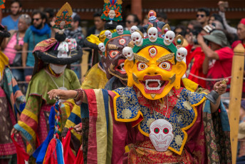 In bunten Kostümen gekleidet führen Mönche während des Hemis-Festivals in Ladakh tibetisch-buddhistische Maskentänze auf. © Mazur-Reisen