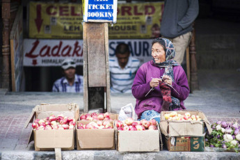 Marktfrauen verkaufen neben der Straße in Leh, Indien, Gemüse und Lebensmittel – Foto von j.wootthisak