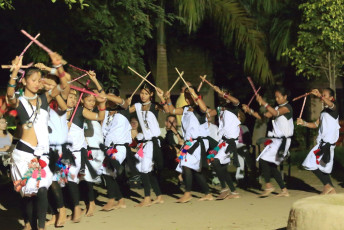 Tharu-Mädchen führen ihre traditionellen Tänze für die Touristen in der Safari Narayani Lodge in Patihani auf. Diese Tänze werden bei allen kulturellen Veranstaltungen und Versammlungen aufgeführt © rweisswald