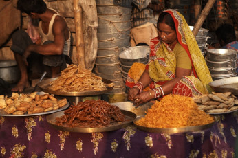 Eine Frau in einem traditionellen Sari verkauft verschiedene Sorten indischer Süßigkeiten an einem Straßenstand in Indien © Jeremy Richards