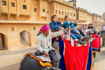 Touristen genießen den Elefantenritt im Amber Fort in Jaipur - Foto von Anton_Ivanov