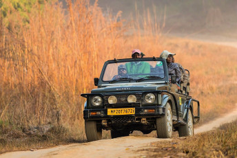 Ein Fahrzeug mit Besuchern auf Safari im Kanha Nationalpark – Foto von cornfield