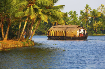 Ein faszinierender Anblick eines von Kokospalmen umgebenen Hausbootes, das durch die Backwaters von Kerala treibt. © Roberto A Sanchez