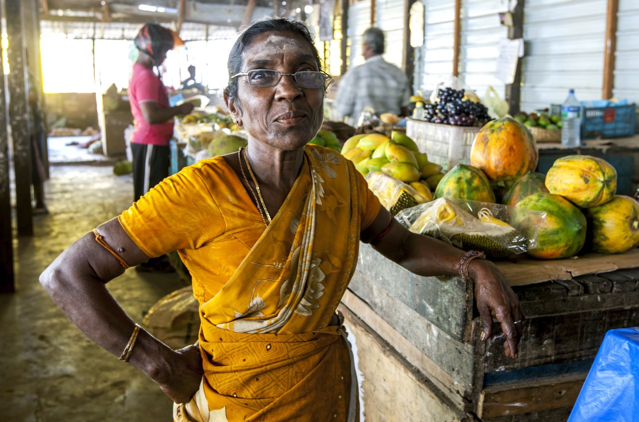 Dame, die Melonen auf dem Markt von Jaffna verkauft